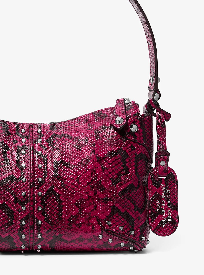 Astor Large Studded Snake Embossed Leather Shoulder Bag in DEEP FUCHSIA | Michael Kors