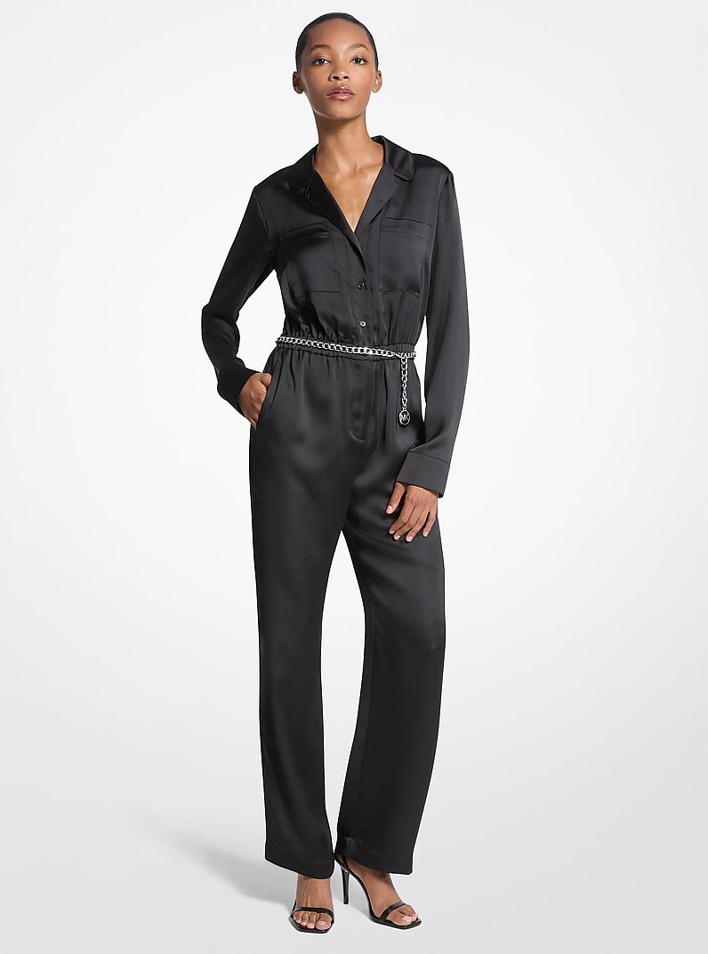 Satin Long Sleeve Belted Jumpsuit in BLACK | Michael Kors