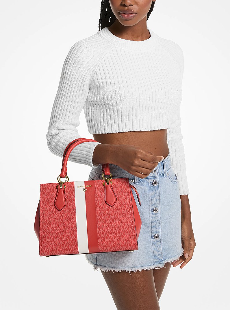 Marilyn Medium Logo Stripe Satchel in SPICED CORAL MULTI | Michael Kors