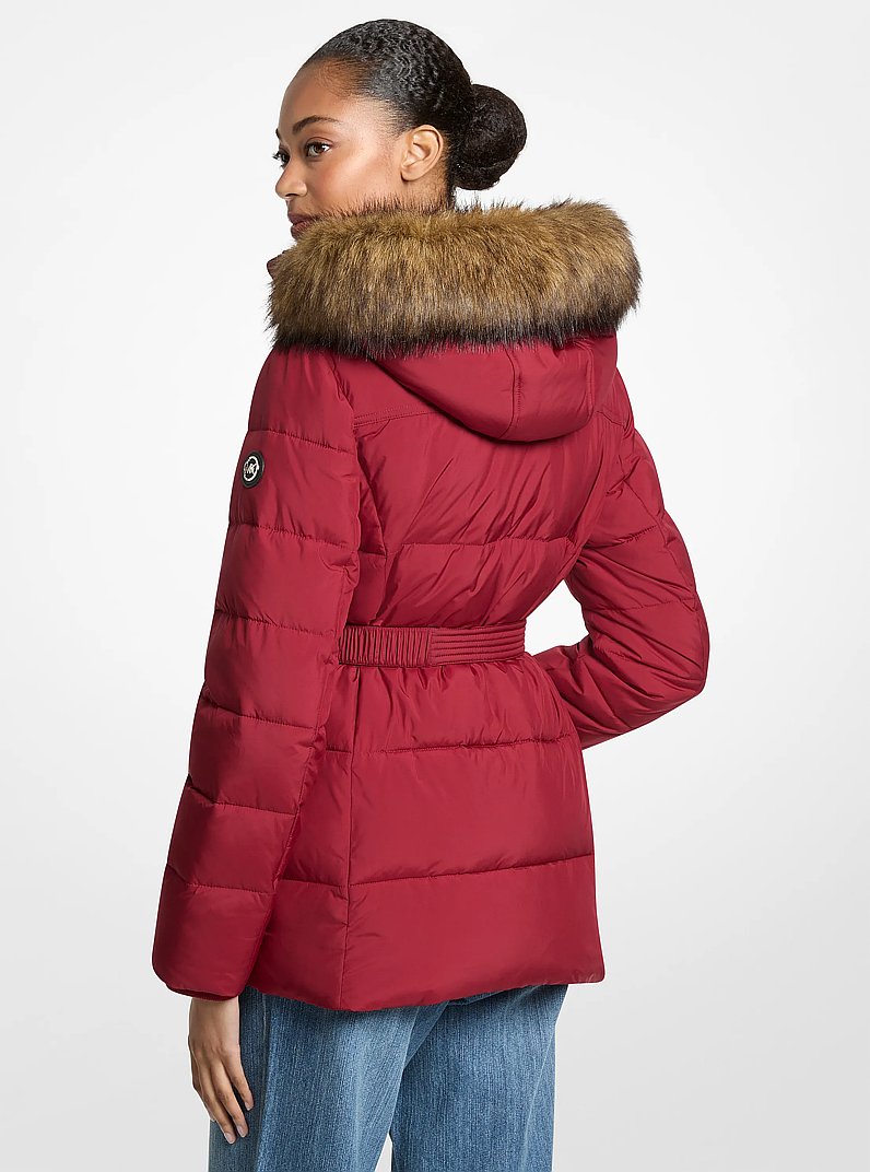 Faux Fur Trim Belted Puffer Jacket in MAROON | Michael Kors