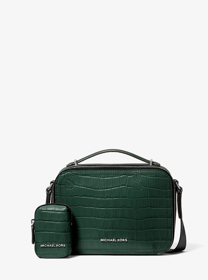 Hudson Crocodile Embossed Leather Crossbody Bag in FOREST GREEN | Michael Kors