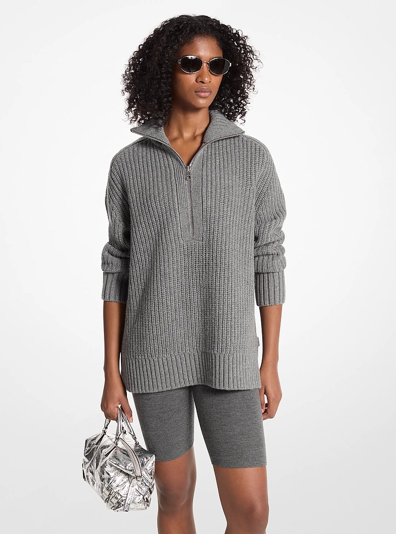 Wool and Cashmere Blend Half-Zip Sweater in ASH | Michael Kors