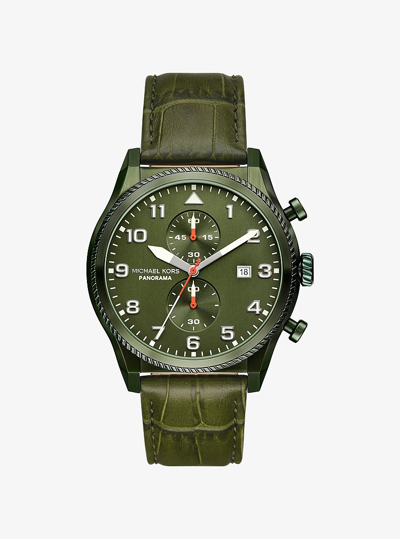 Oversized Panorama Olive-Tone and Crocodile Embossed Leather Watch in OLIVE | Michael Kors