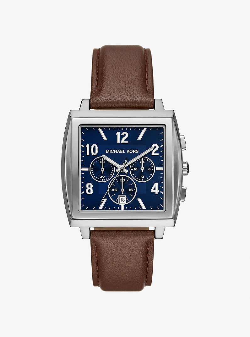 Oversized Rhys Silver-Tone and Leather Watch in SILVER | Michael Kors