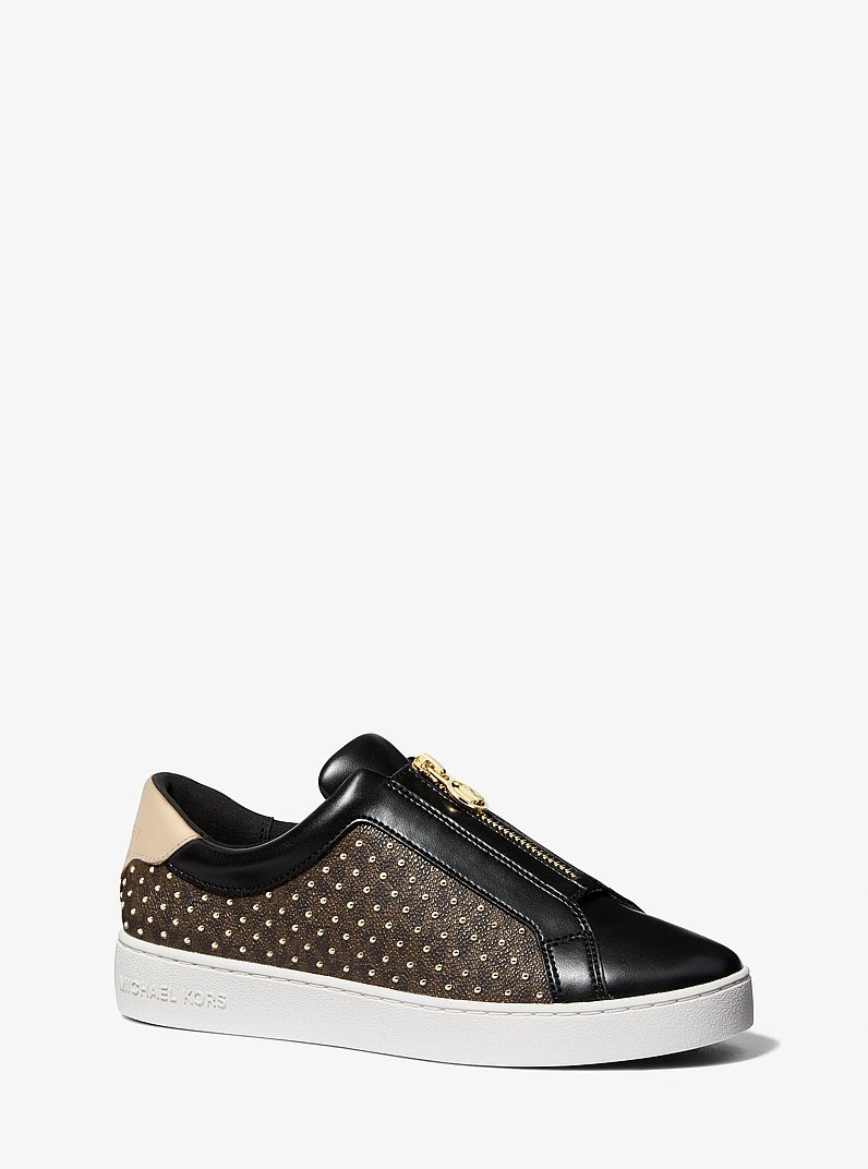 Keaton Embellished Signature Logo Zip-Up Trainer in BROWN | Michael Kors