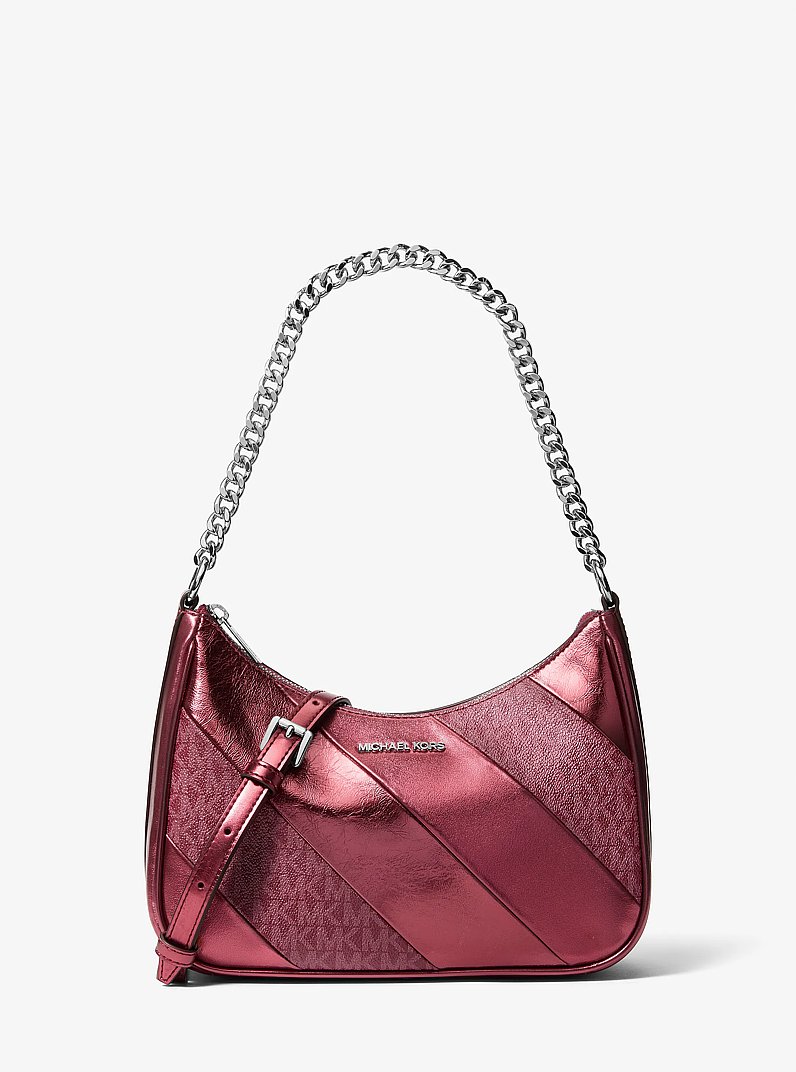 Jet Set Travel Metallic and Signature Logo Convertible Pochette in MAROON | Michael Kors