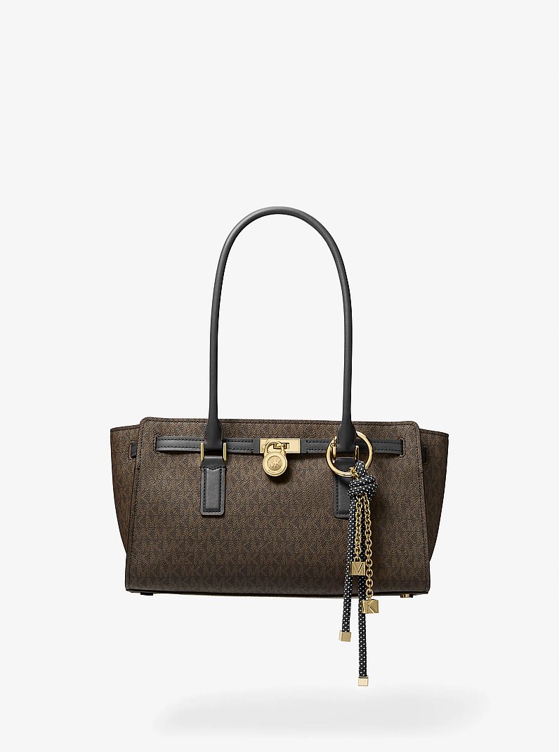 Hamilton Moderne Small Signature Logo Satchel in BROWN/BLK | Michael Kors