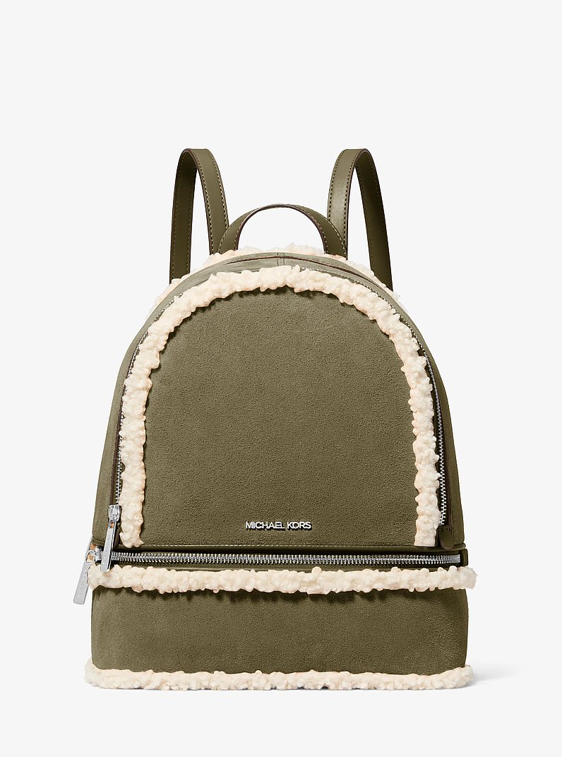 Rhea Medium Suede and Faux Shearling Backpack in OLIVE - Sale