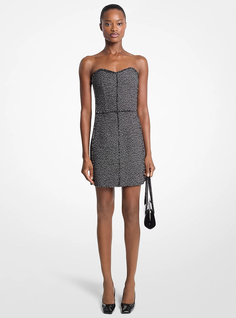 Frayed Crosshatch Tweed Sweetheart Mini Dress in BLACK/VANILLA | Michael Kors
