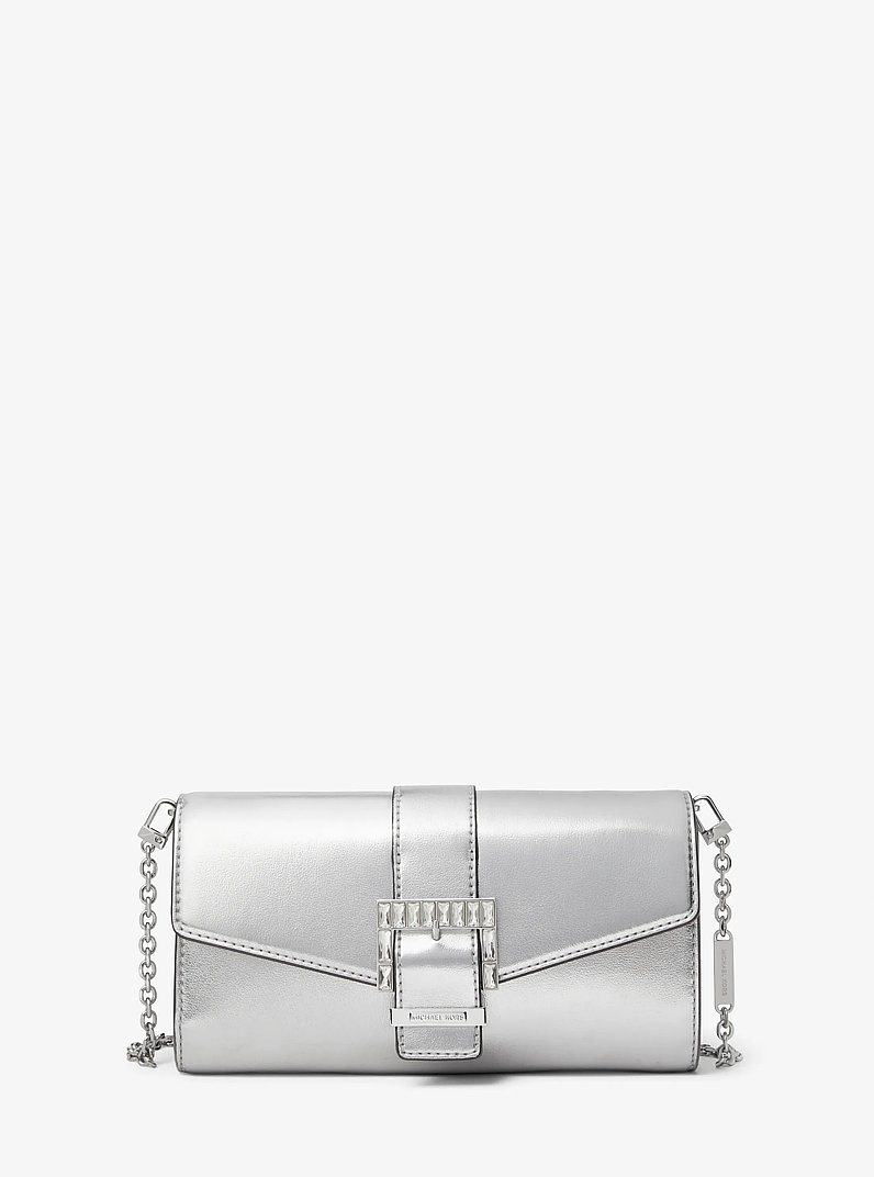 Penelope Medium Metallic Clutch in SILVER | Michael Kors