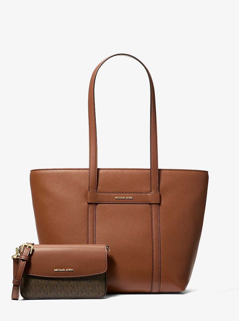 Jet Set 2-in-1 Pebbled Leather and Logo Tote Bag in LUGGAGE - Sale