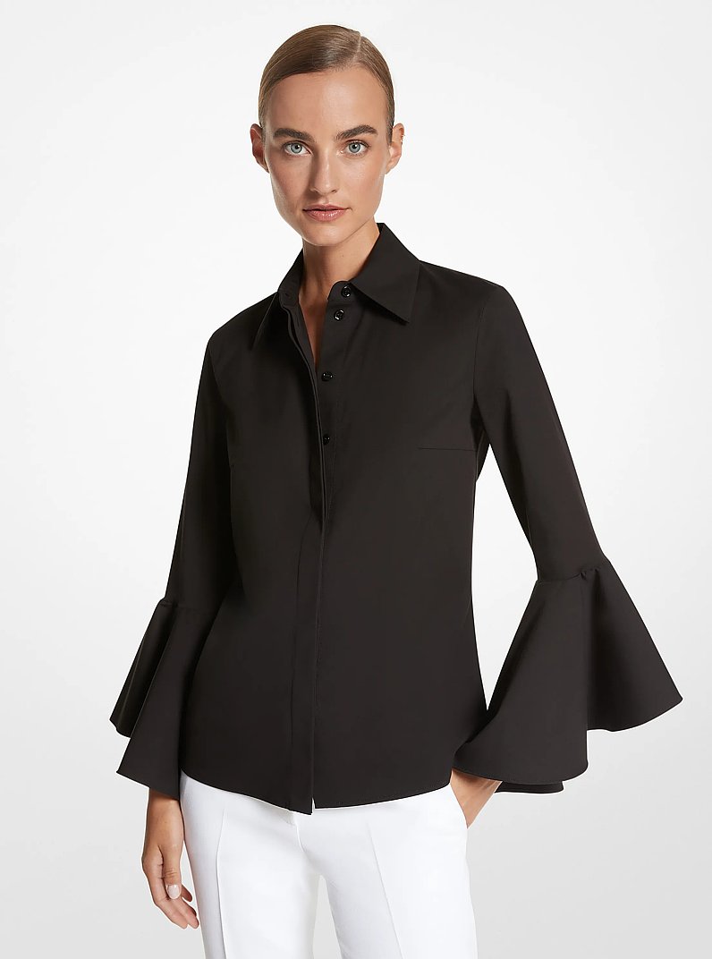 Organic Stretch Cotton Poplin Ruffle-Sleeve Blouse in BLACK | Michael Kors
