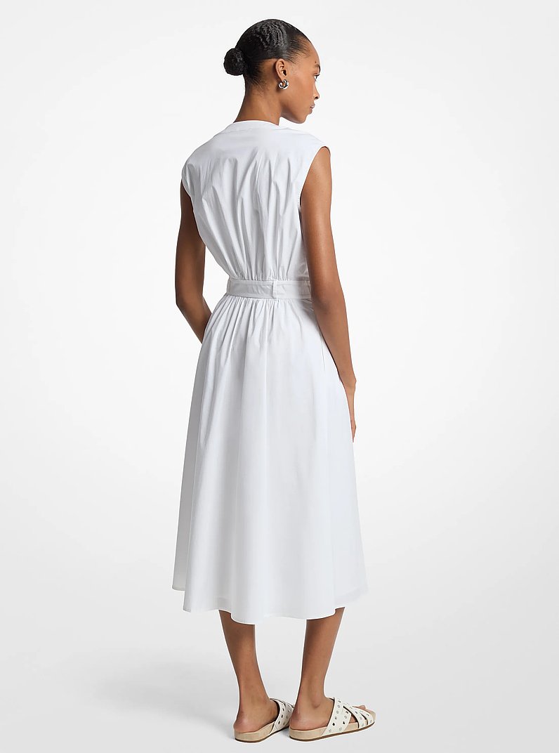 Vestido midi con cintur&oacute;n de popelina de algod&oacute;n el&aacute;stico in BLANCO | Michael Kors