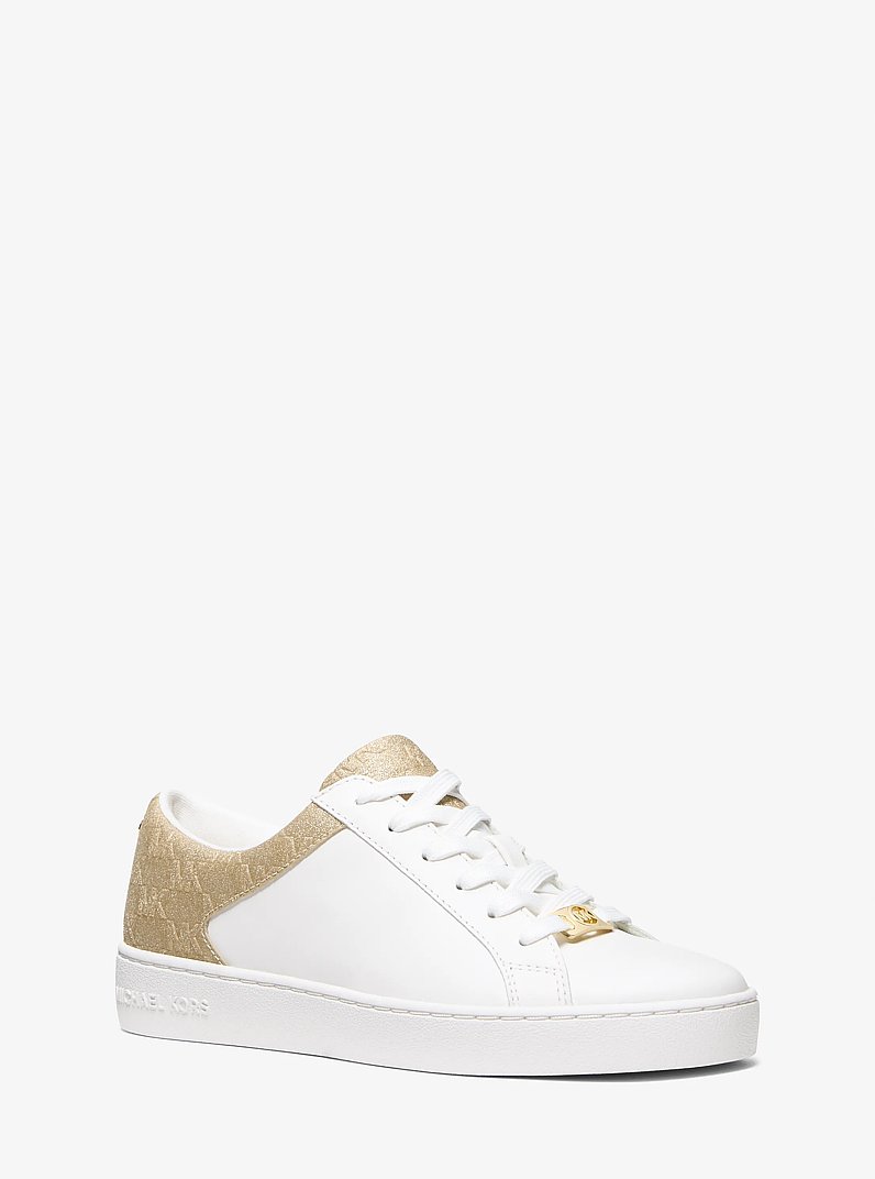Keaton Leather and Glitter Logo Embossed Sneaker in PALE GOLD | Michael Kors