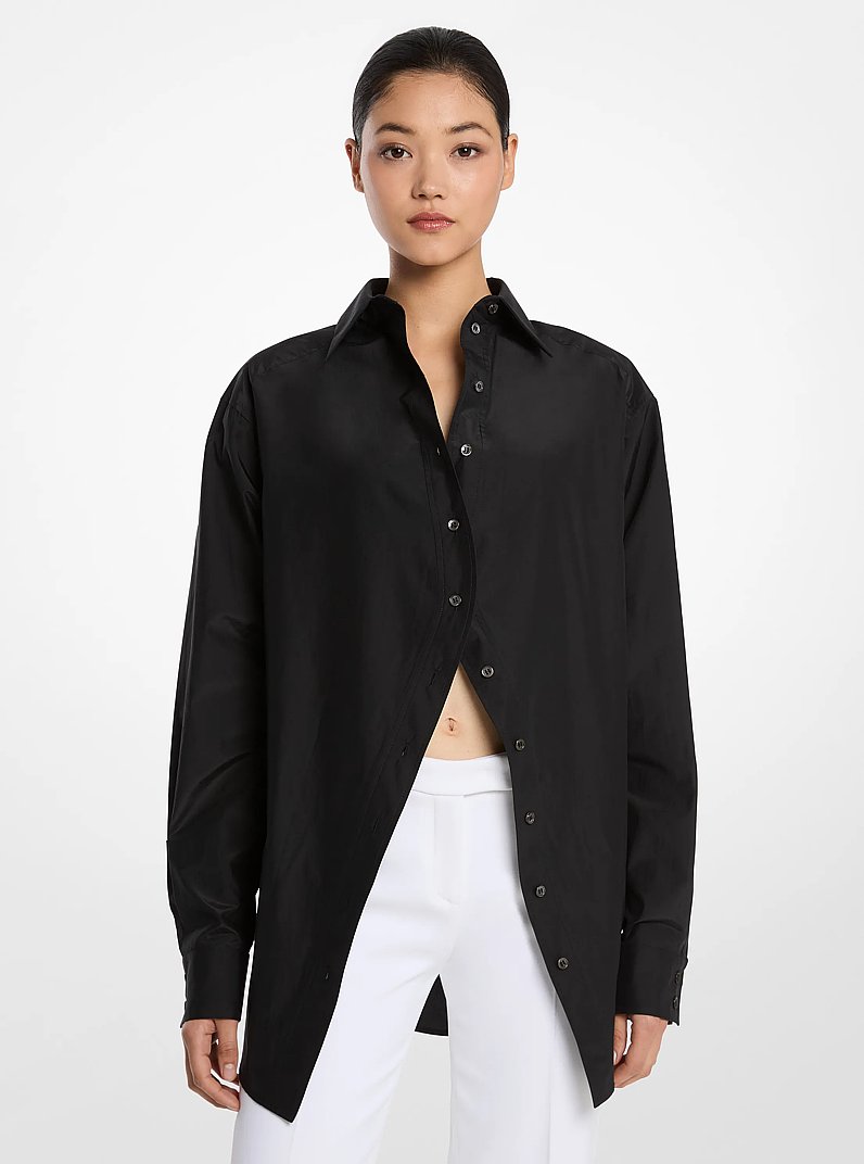Silk and Cotton Taffeta Portrait Collar Shirt in BLACK | Michael Kors