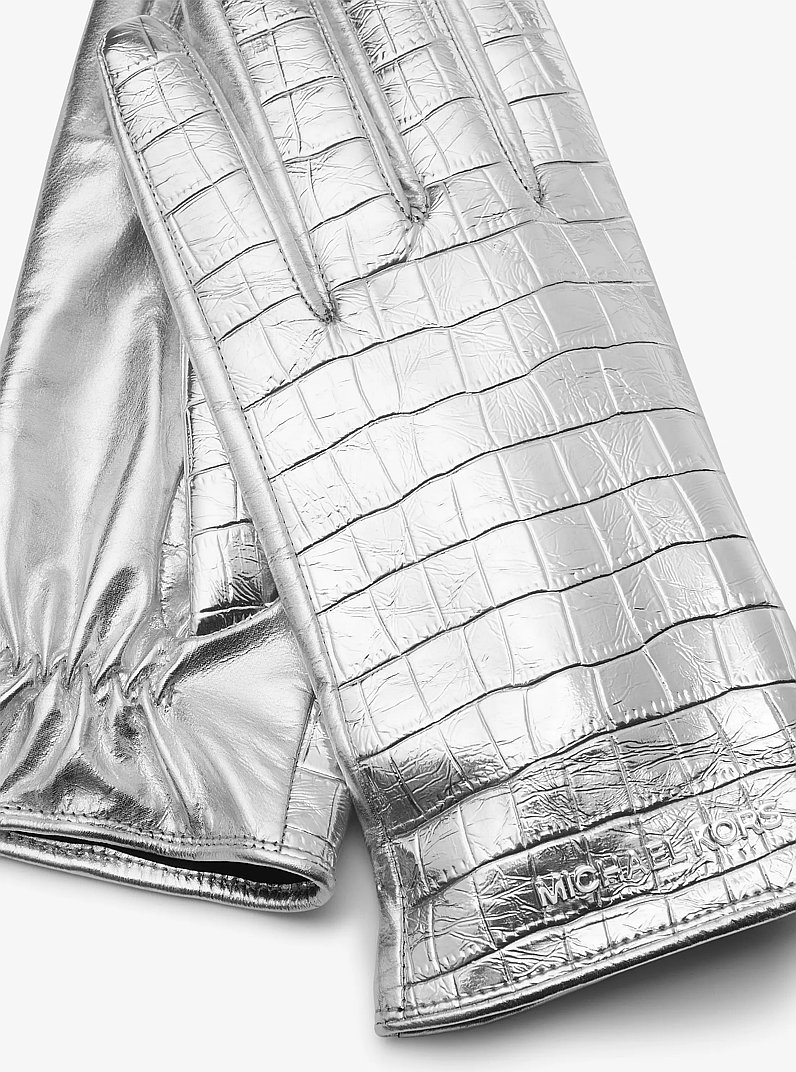 Metallic Crocodile Embossed Leather Gloves in SILVER | Michael Kors