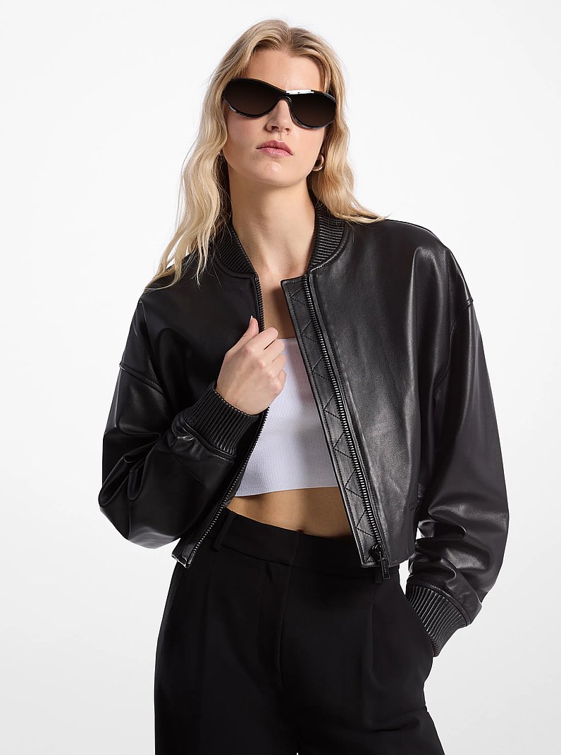 Leather Cropped Bomber Jacket