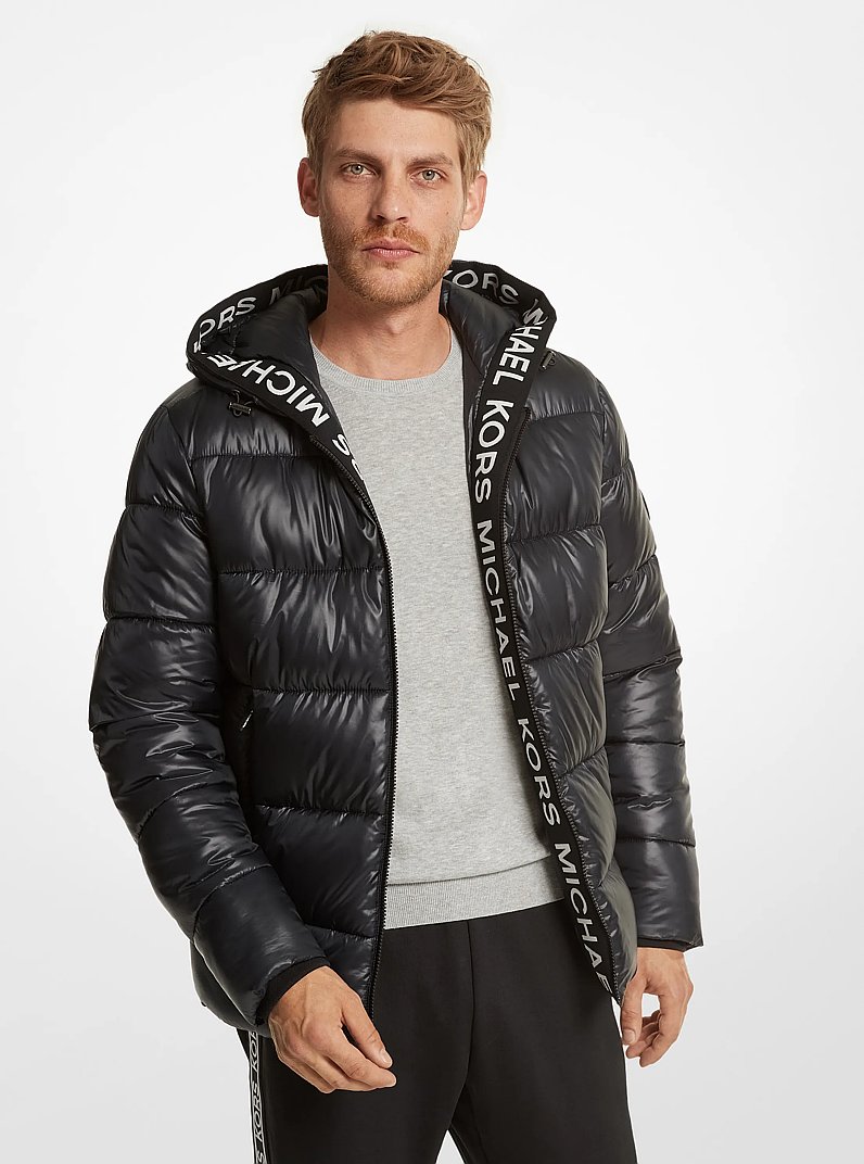 Logo Tape Recycled Polyester Puffer Jacket in BLACK | Michael Kors