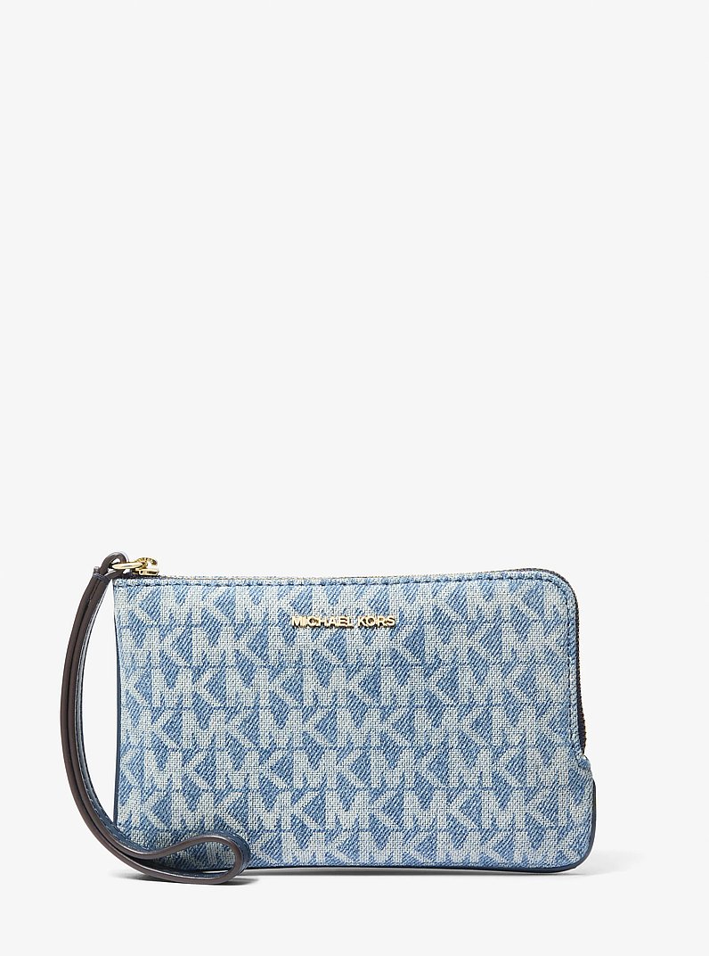 Jet Set Travel Small Signature Logo Print Denim Wristlet in LT VTBLU WSH | Michael Kors