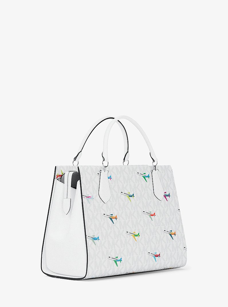 Marilyn Medium Printed Signature Logo Satchel in OPTIC WHITE