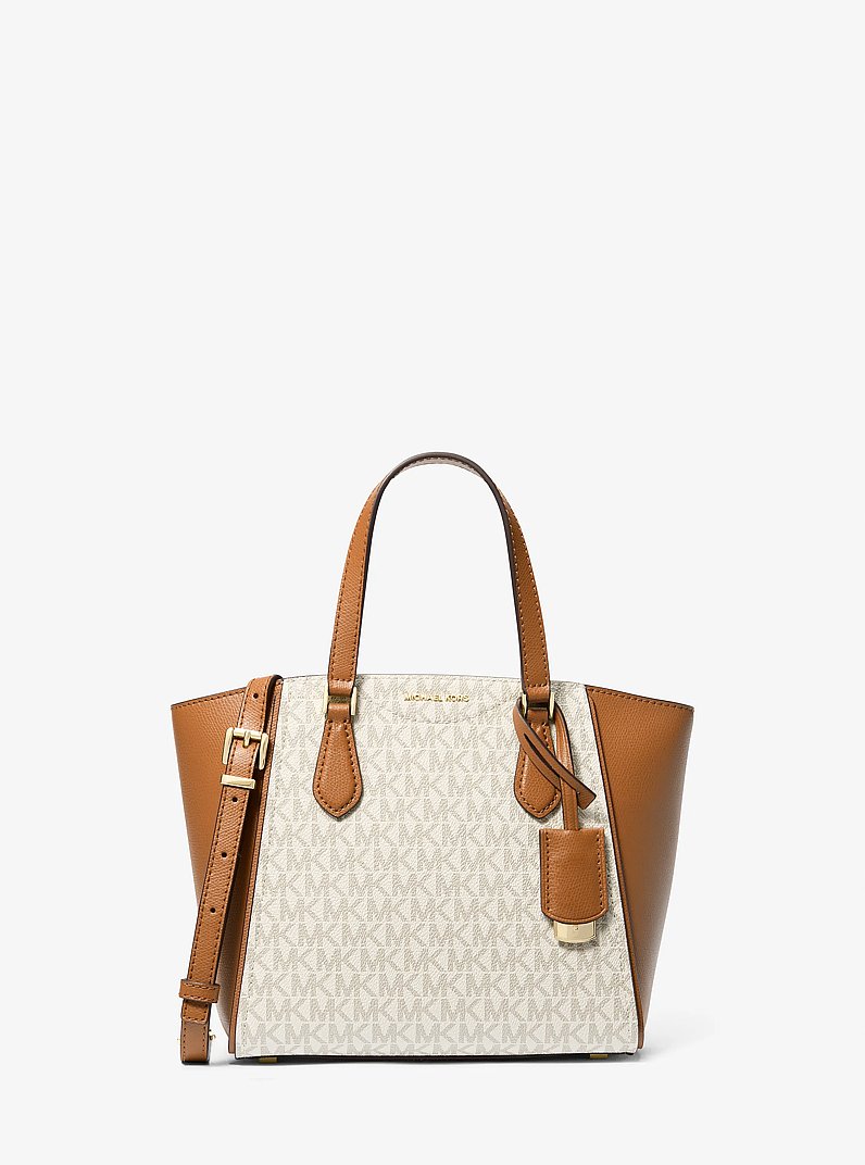 Taryn Small Signature Logo and Leather Convertible Crossbody Bag in VANILLA/ACORN | Michael Kors