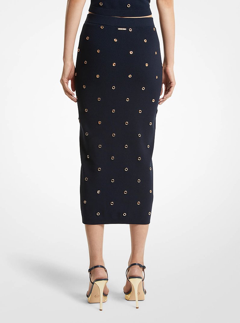 Grommet-Embellished Stretch Knit Pencil Skirt in MIDNIGHT BLUE/GOLD | Michael Kors