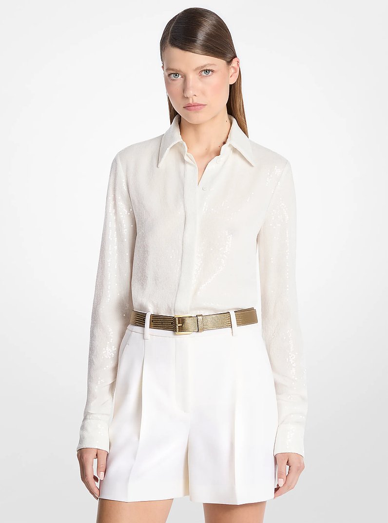 Camisa de georgette de seda Hansen con lentejuelas bordadas a mano in MARFIL | Michael Kors