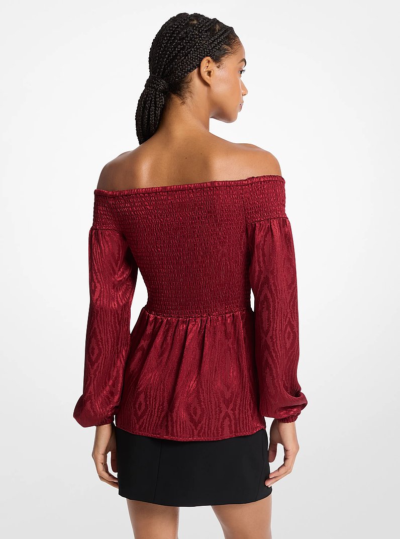 Smocked Moir&eacute; Jacquard Off-The-Shoulder Top in DARK BRANDY | Michael Kors