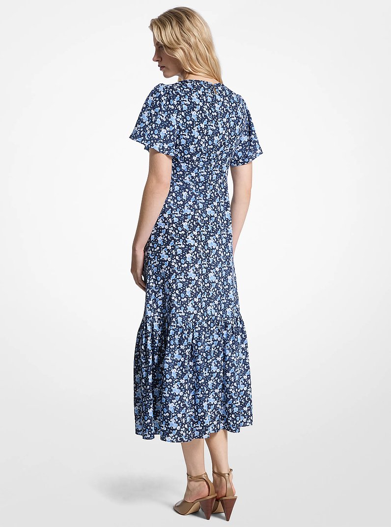 Floral Print Viscose and Silk Blend Midi Dress in FRENCH BLUE | Michael Kors