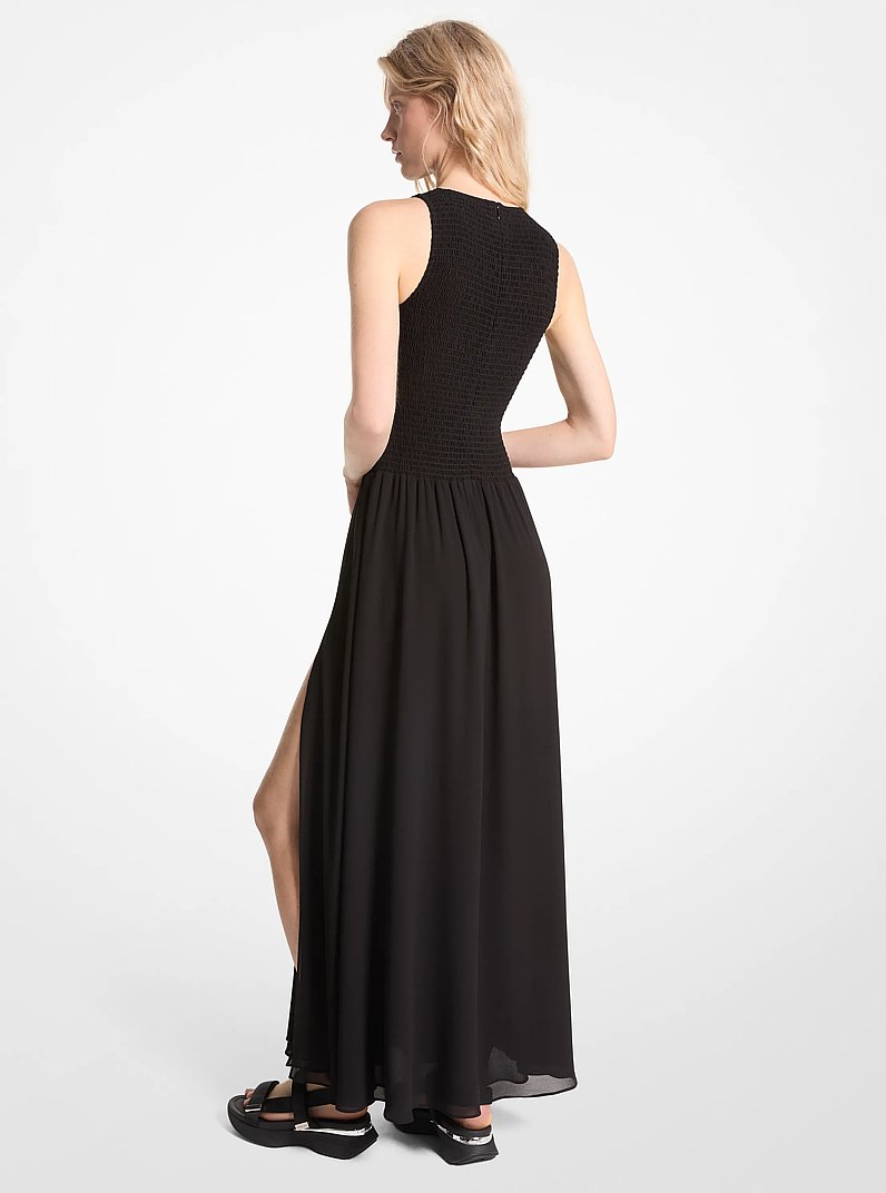 Smocked Georgette Maxi Dress in BLACK | Michael Kors