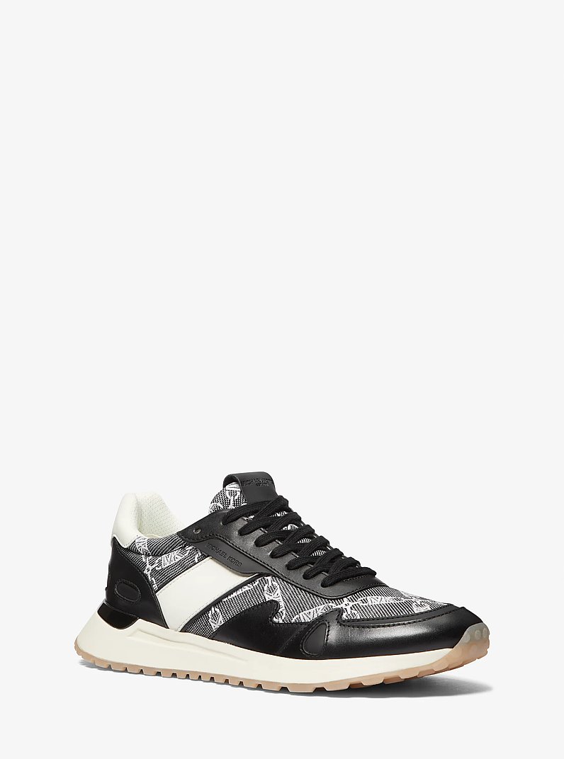 Miles Empire Logo Jacquard and Leather Trainer in BLACK | Michael Kors