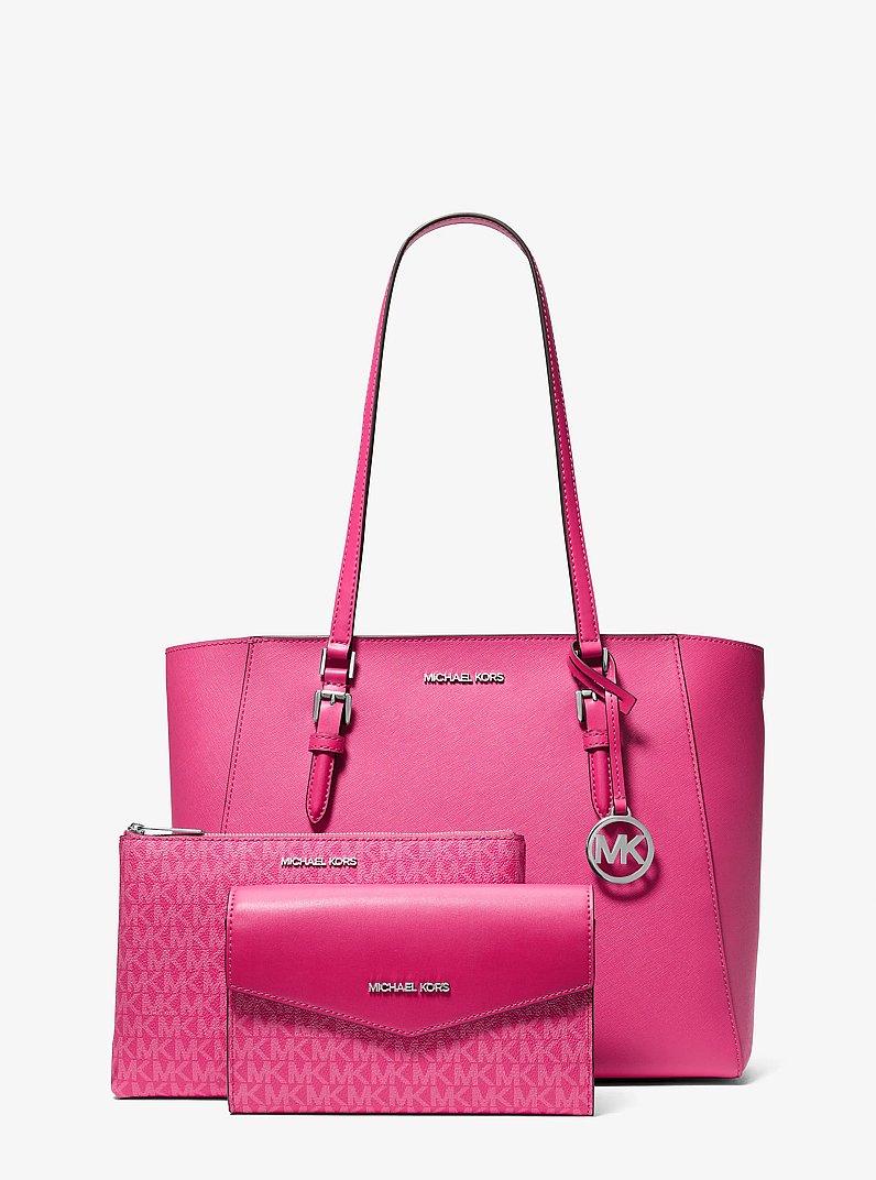 Charlotte Large Leather and Signature Logo 3-in-1 Tote Bag in DRAGONFRUIT | Michael Kors