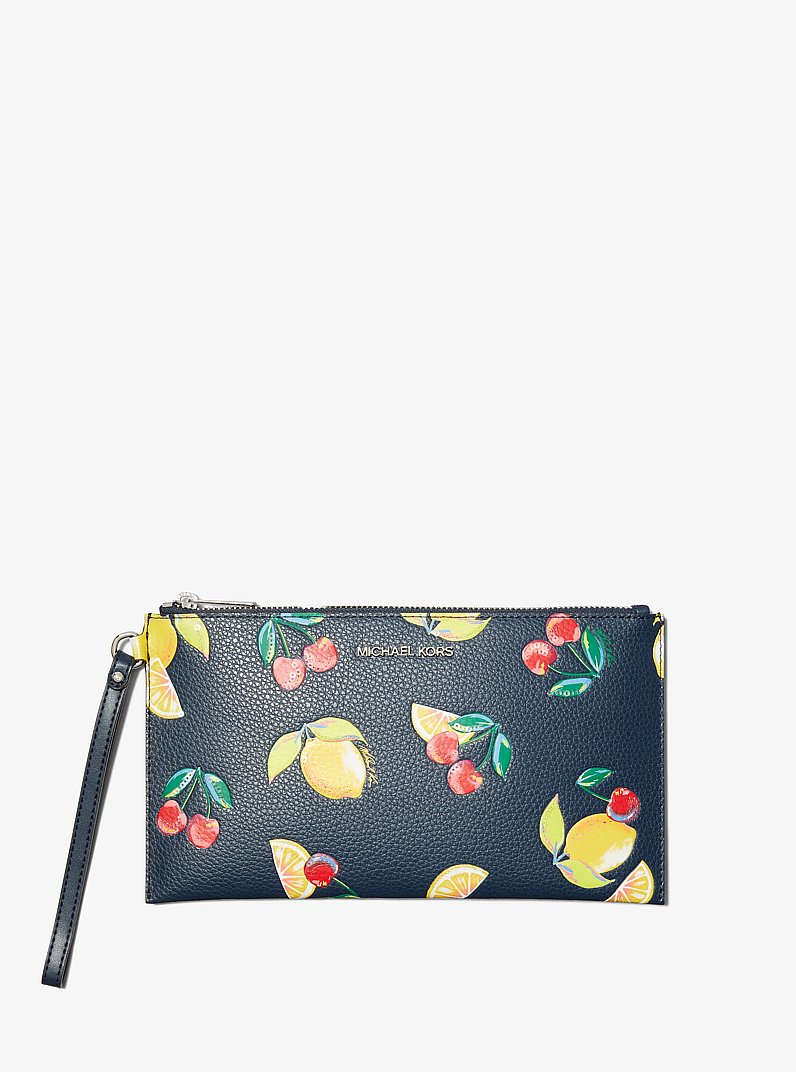 Jet Set Travel Large Sequined Fruit Print Wristlet in NAVY - Sale