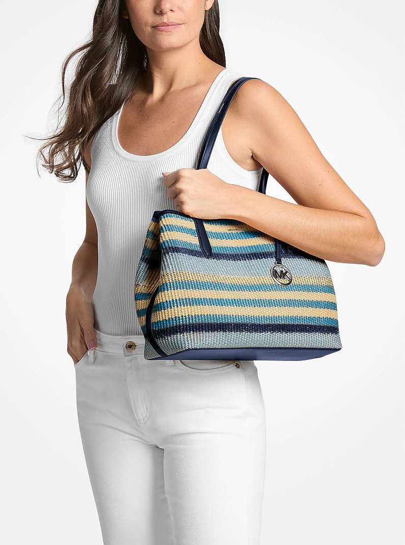 Avalon Medium Striped Woven Tote Bag in NAVY | Michael Kors