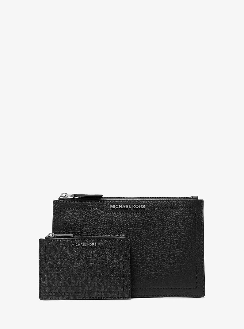 Hudson Pebbled Leather and Signature Logo Pouch Set in BLACK | Michael Kors