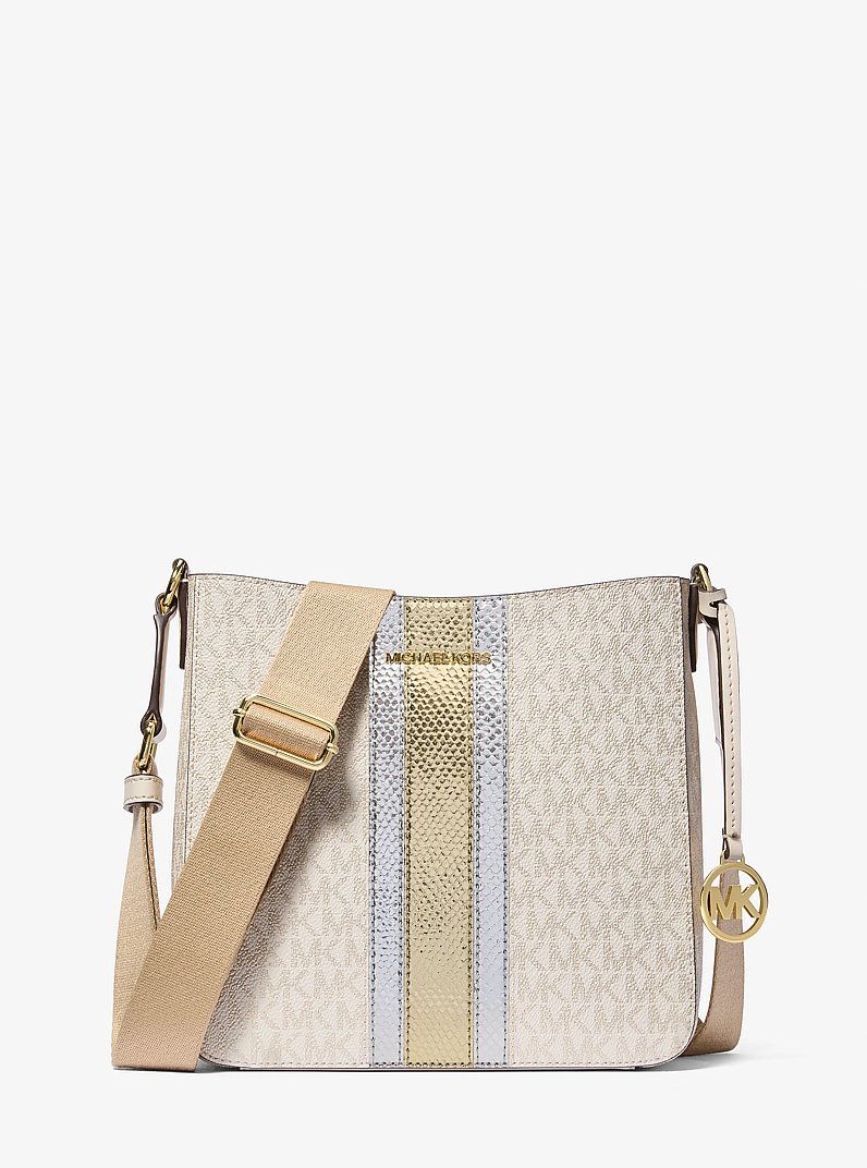 Jet Set Travel Small Signature Logo and Metallic Messenger Bag in PALE GOLD | Michael Kors