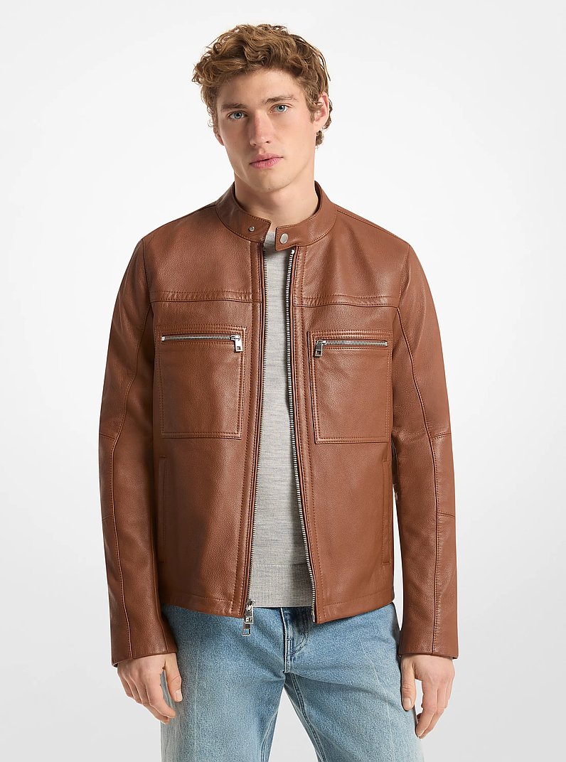 Leather Double-Zip Racer Jacket in LUGGAGE | Michael Kors