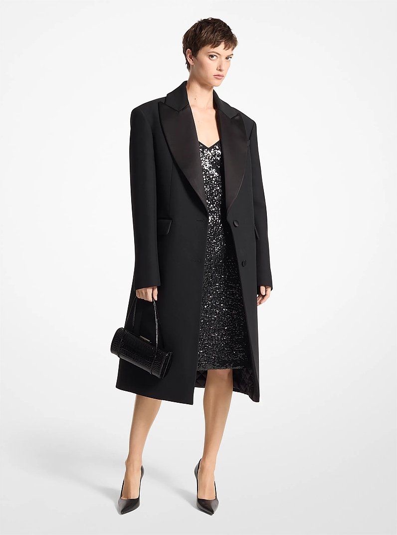 Wool Gabardine and Satin Tuxedo Chesterfield Coat in BLACK | Michael Kors