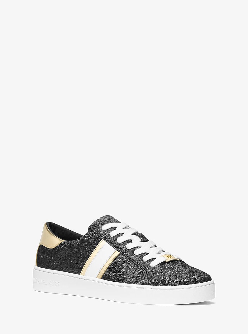 Keaton Metallic Striped Signature Logo Sneaker in BLACK | Michael Kors