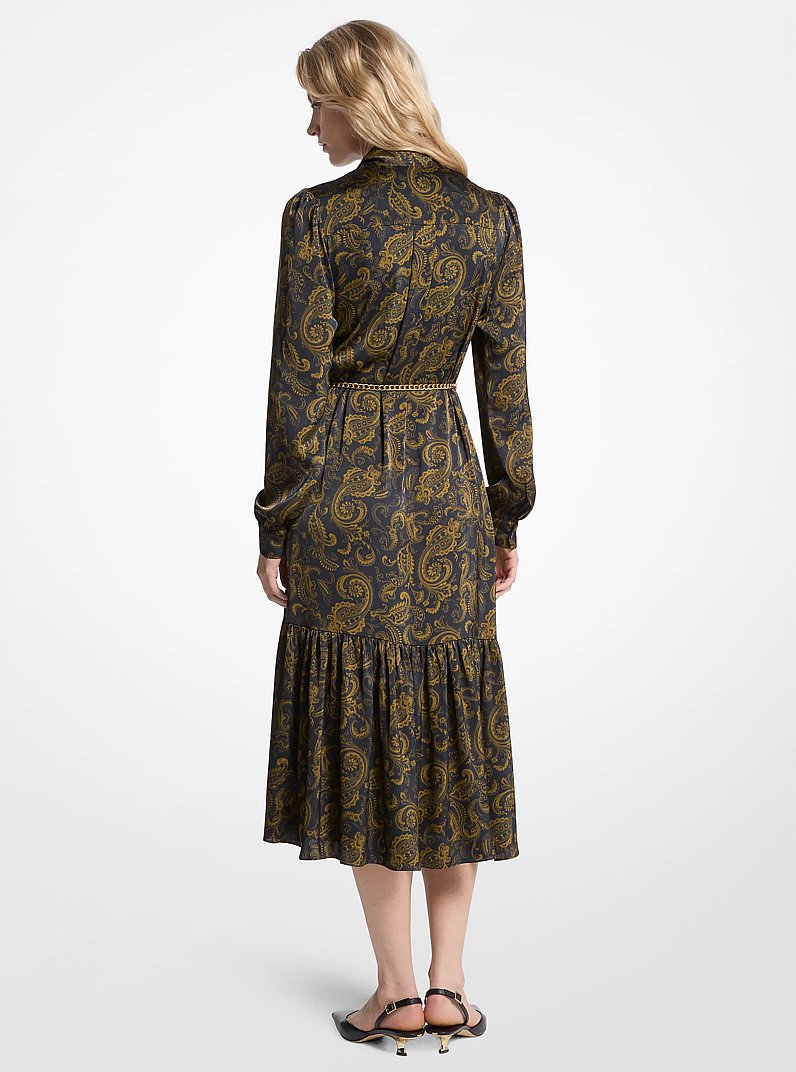 Paisley Print Satin Tie-Neck Midi Dress in IVY | Michael Kors