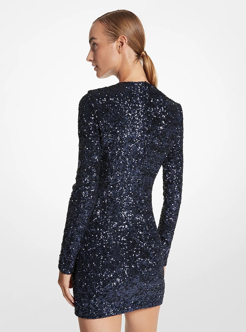 Sequined Stretch Tulle Long-Sleeve Dress in NAVY | Michael Kors