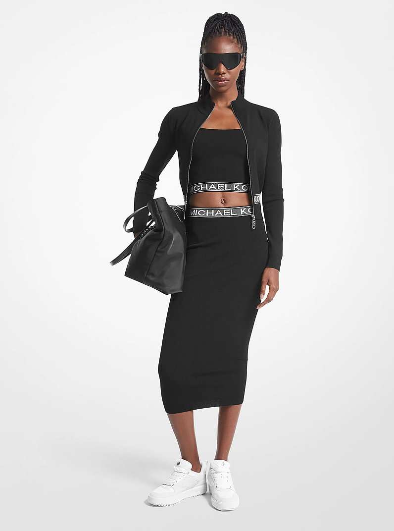 Stretch Knit Logo Tape Zip-Up Jacket in NEGRO | Michael Kors