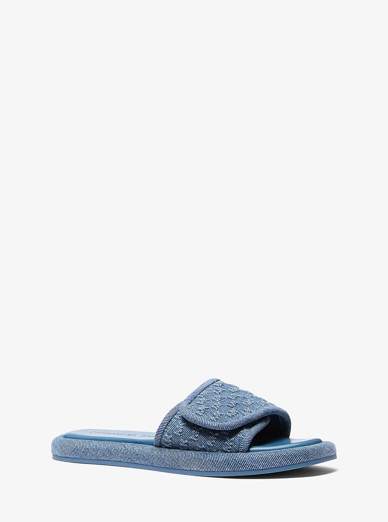 Suki Logo Embossed Denim Slide Sandal in UNION WASH | Michael Kors