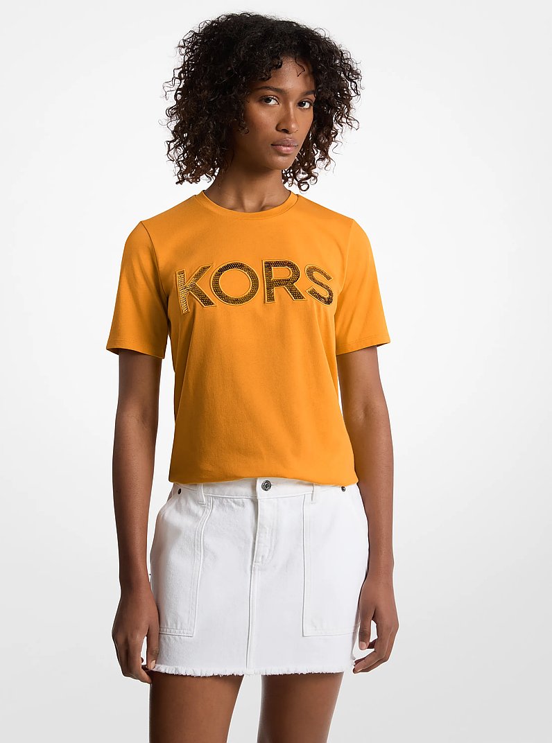 Sequined Logo Cotton T-Shirt in POPORANGE | Michael Kors