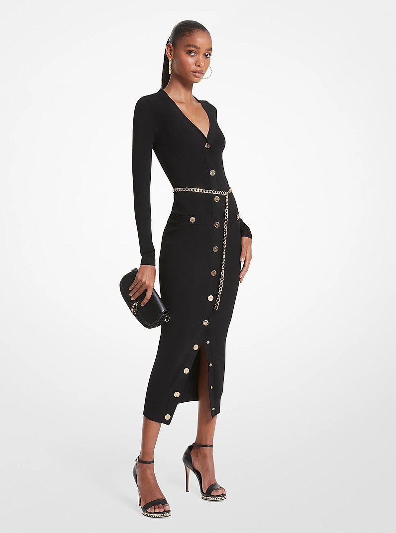 Stretch Viscose Belted Midi Dress in BLACK | Michael Kors