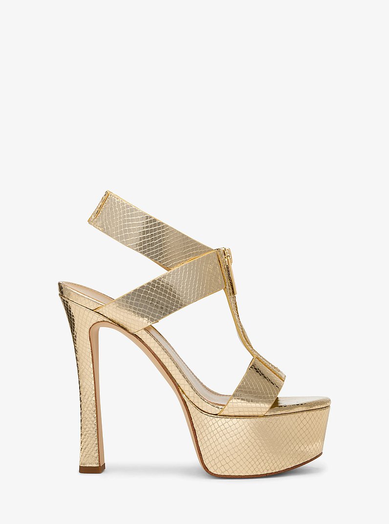Berkley Metallic Snake Embossed Leather Platform Sandal in PALE GOLD | Michael Kors