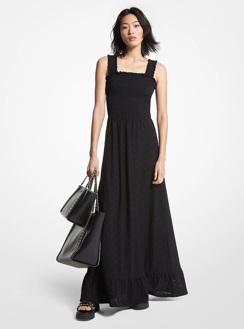 Paisley Eyelet Smocked Woven Dress in BLACK | Michael Kors