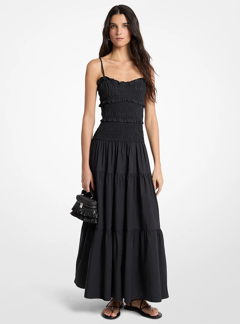 Robe longue smock&eacute;e en popeline de coton in NOIR | Michael Kors