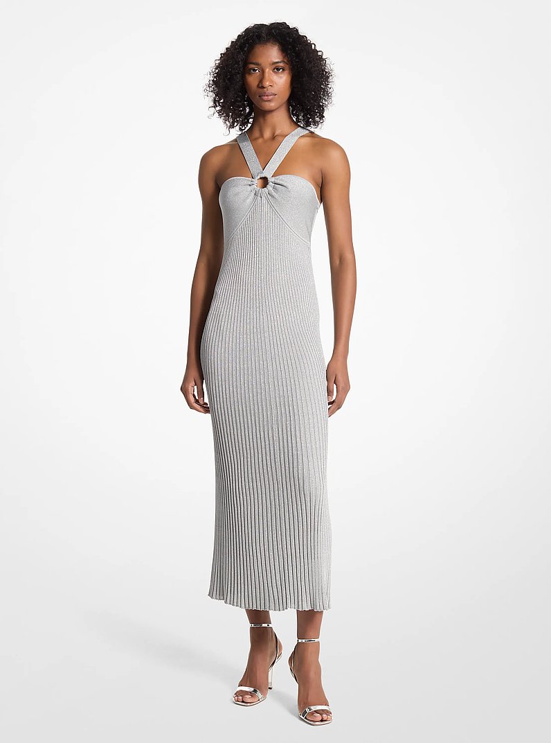 Metallic Knit Ring Halter Dress in SILVER | Michael Kors