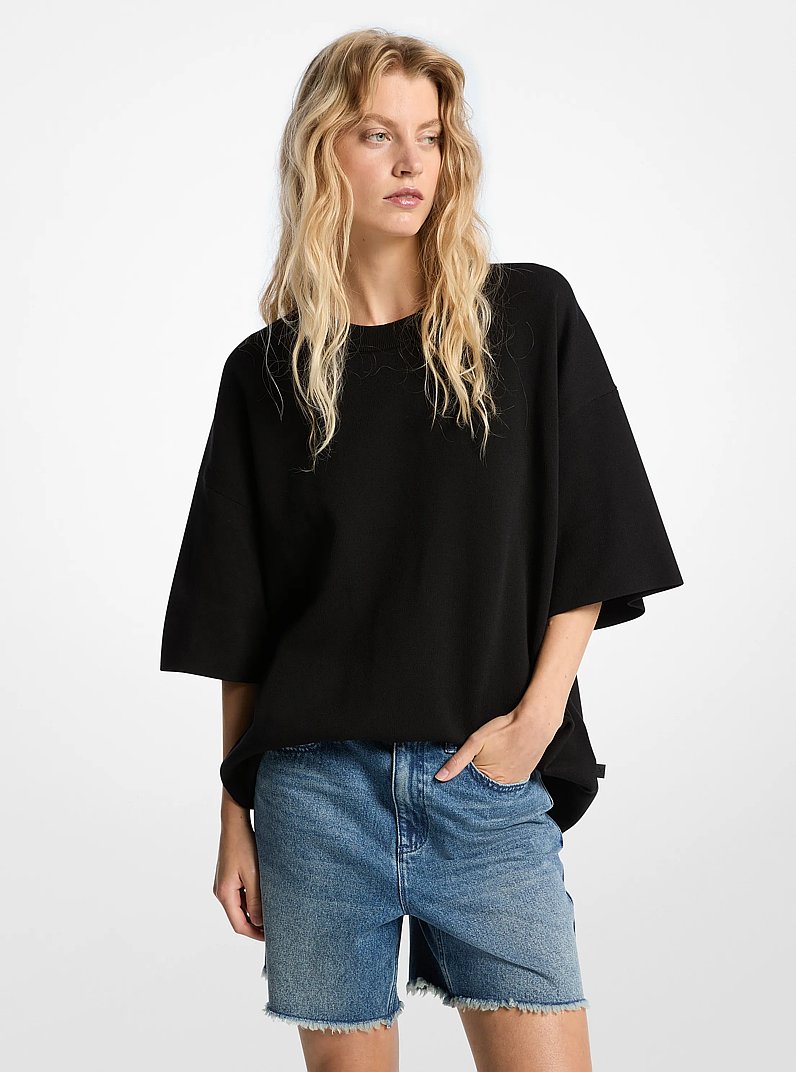 Cotton Short-Sleeve Sweater in BLACK | Michael Kors